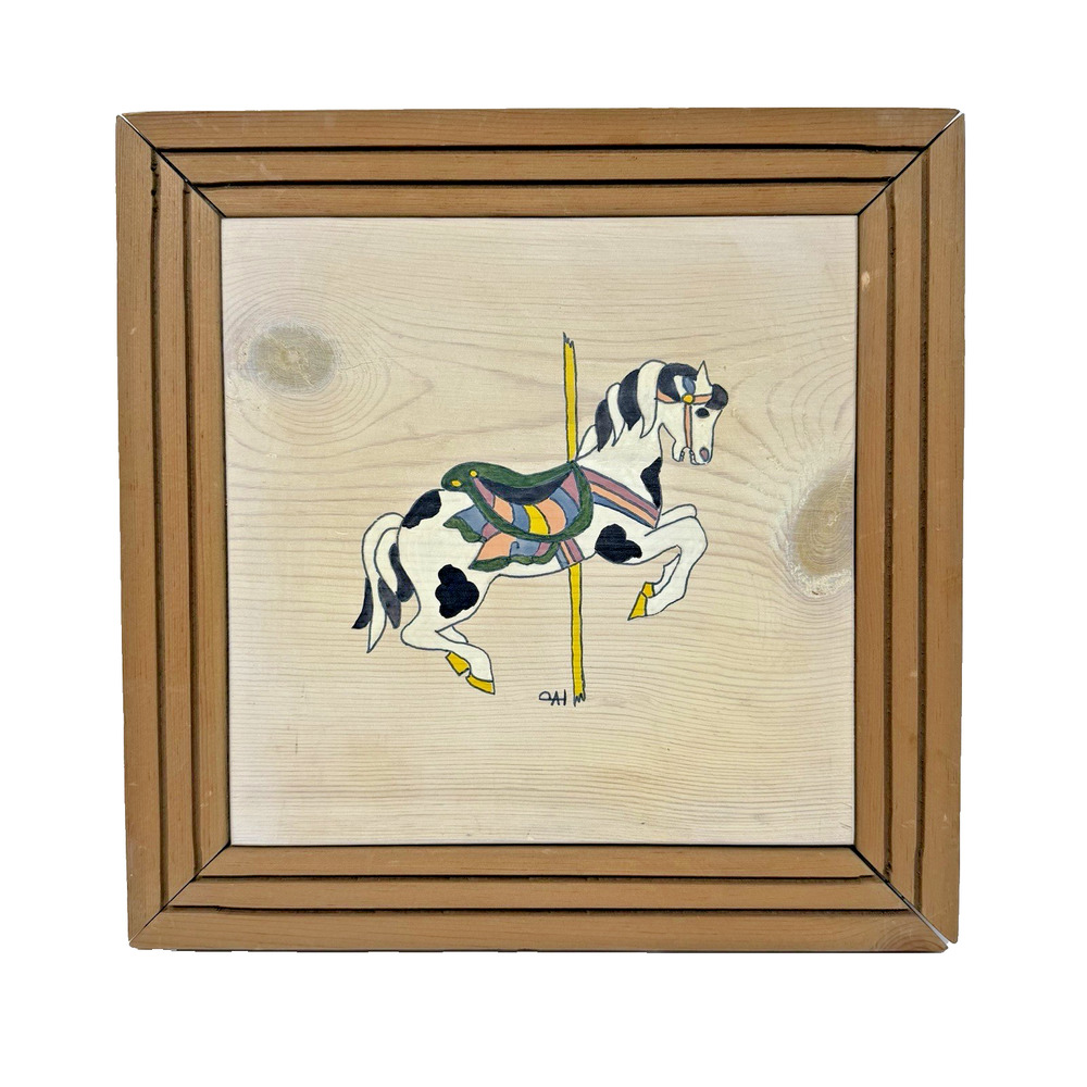 Vintage Folk Art Carousel Horse Painting on Wood 12x12 Signed Framed